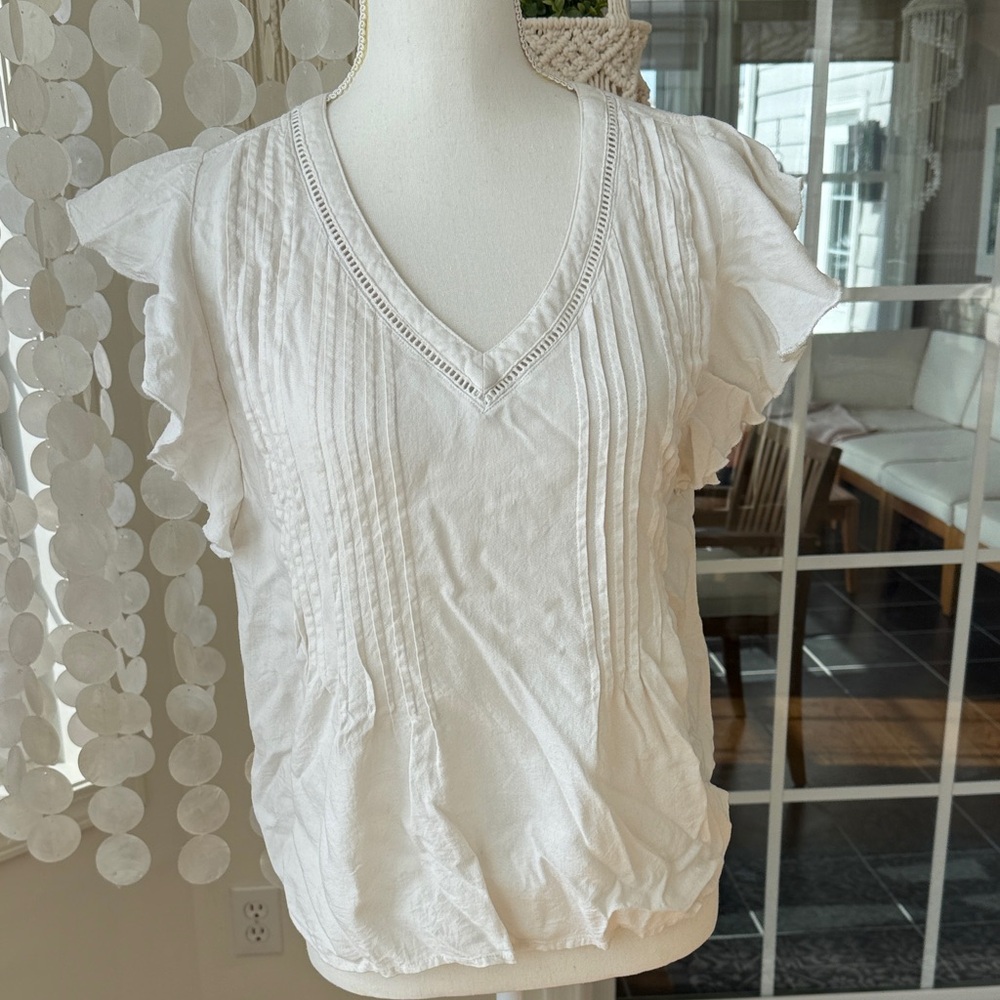 Linen White Cream Flutter sleeve pleated Women's Top